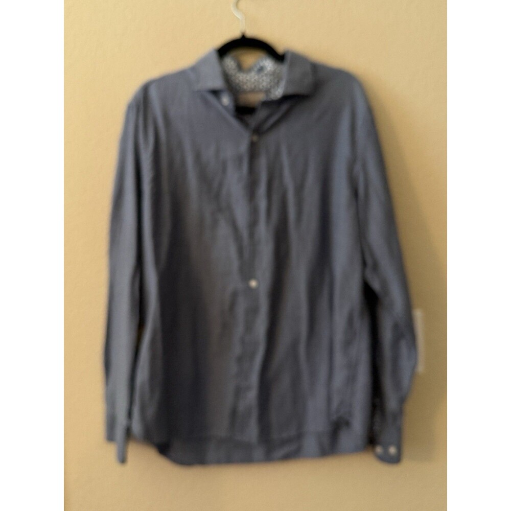 Ted Baker Button Up Shirt Mens Large Blue Herringbone Cotton Long Slv Flip Cuff